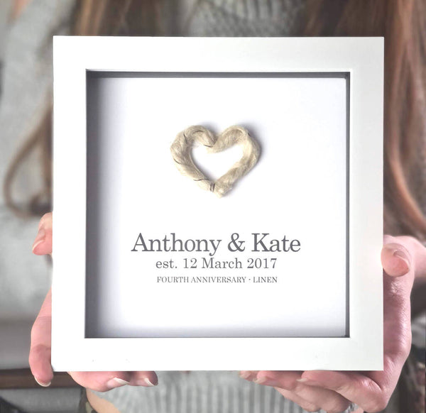 Personalised 4th Anniversary Handmade Linen Heart Framed Gift